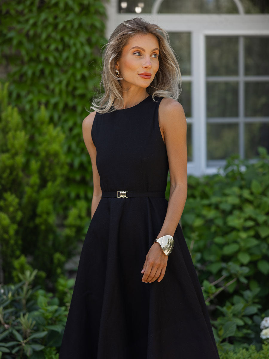 Black midi dress with a belt