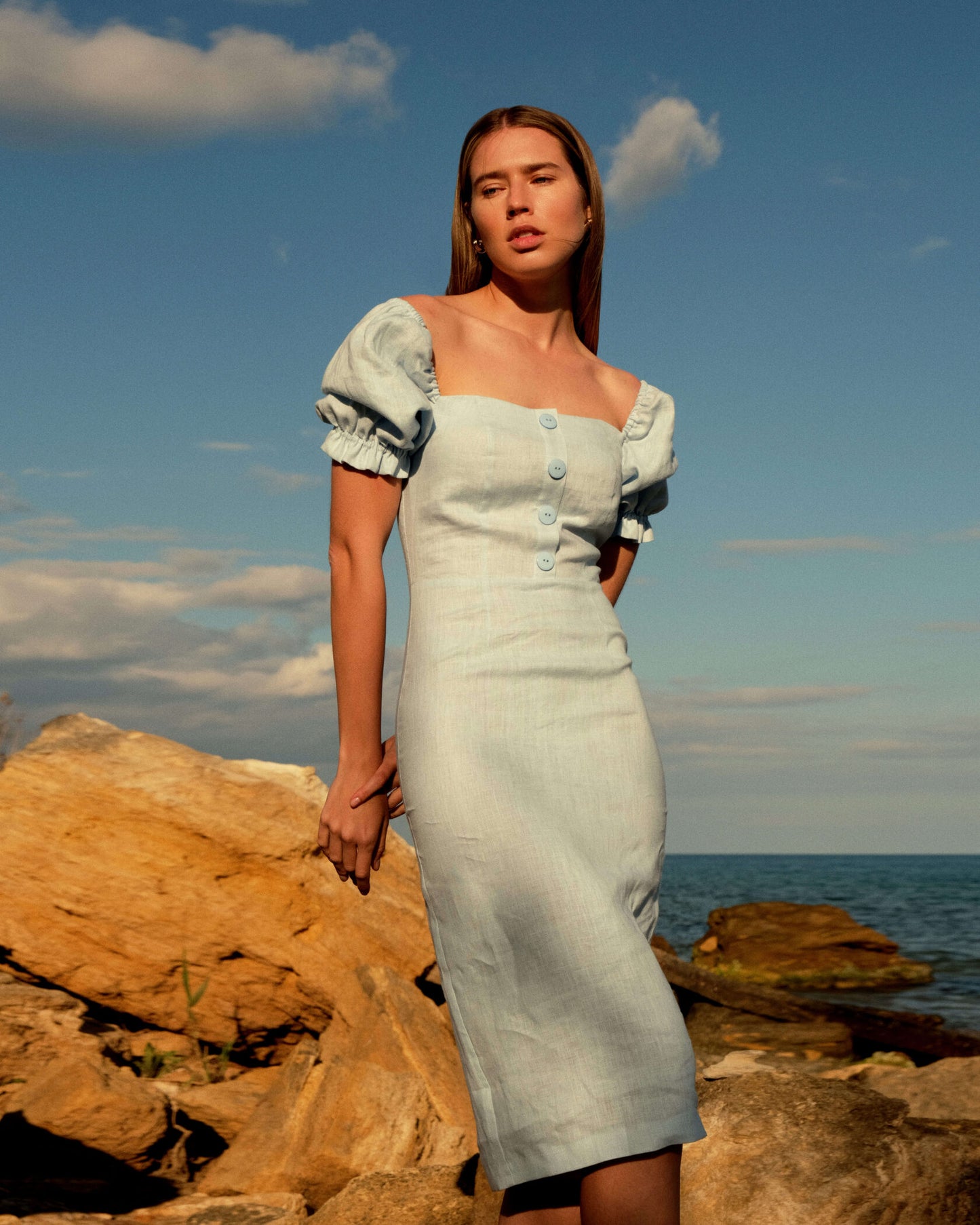 Linen sheath dress with puff sleeves