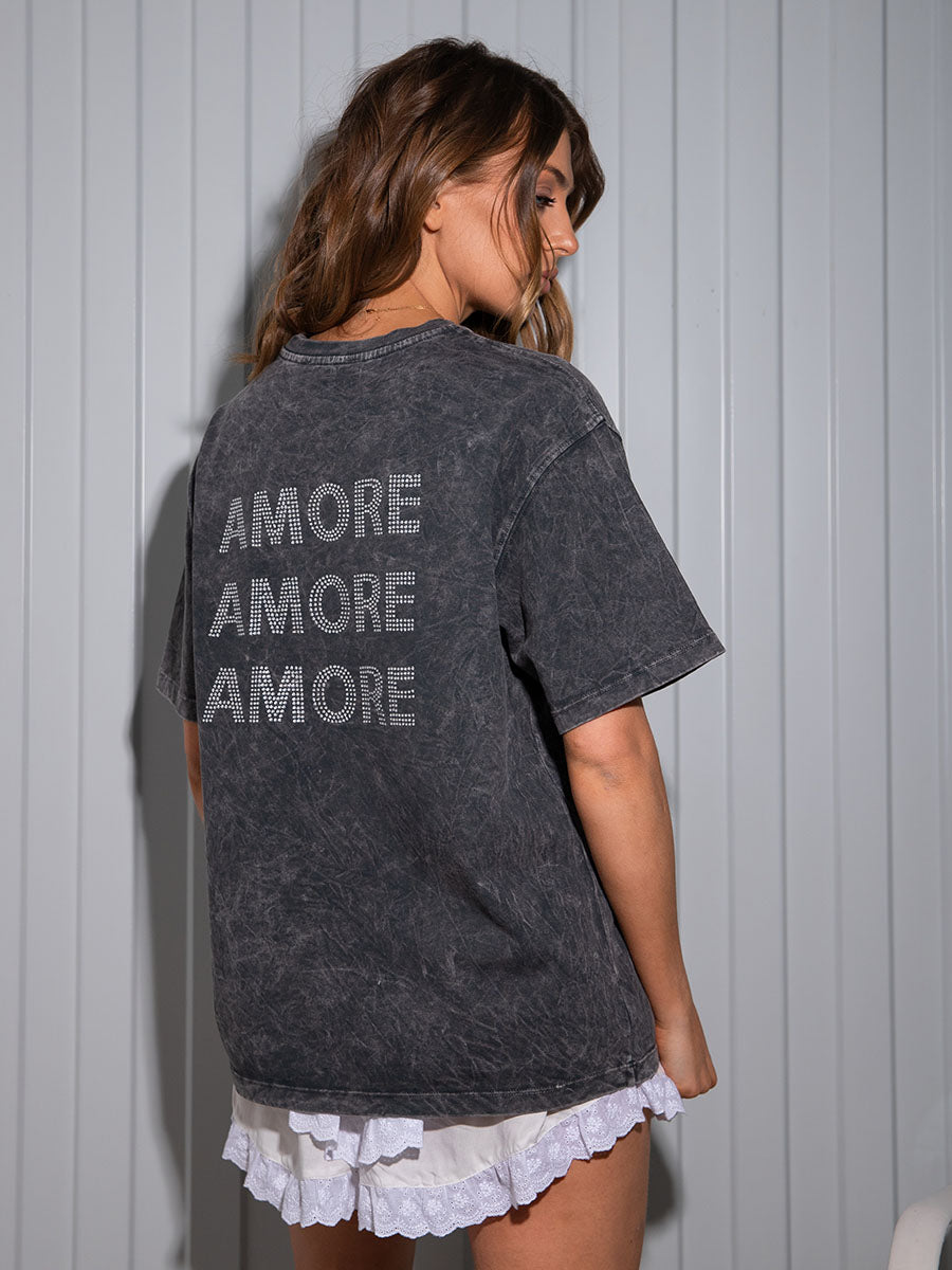 Dark gray t-shirt with rhinestone print Amore