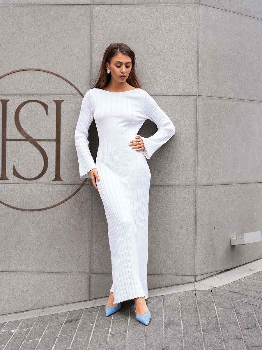 White knitted midi dress with a cutout on the back
