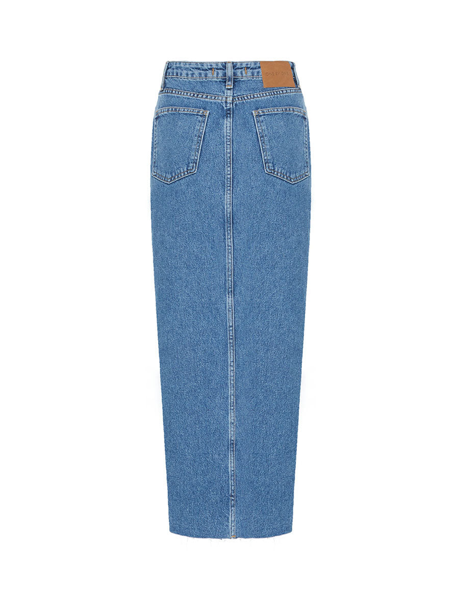 Blue denim midi skirt with a slit