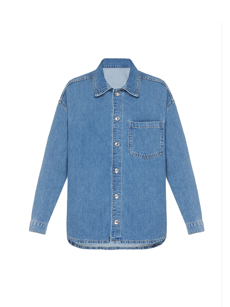 Oversized blue denim shirt with a pocket