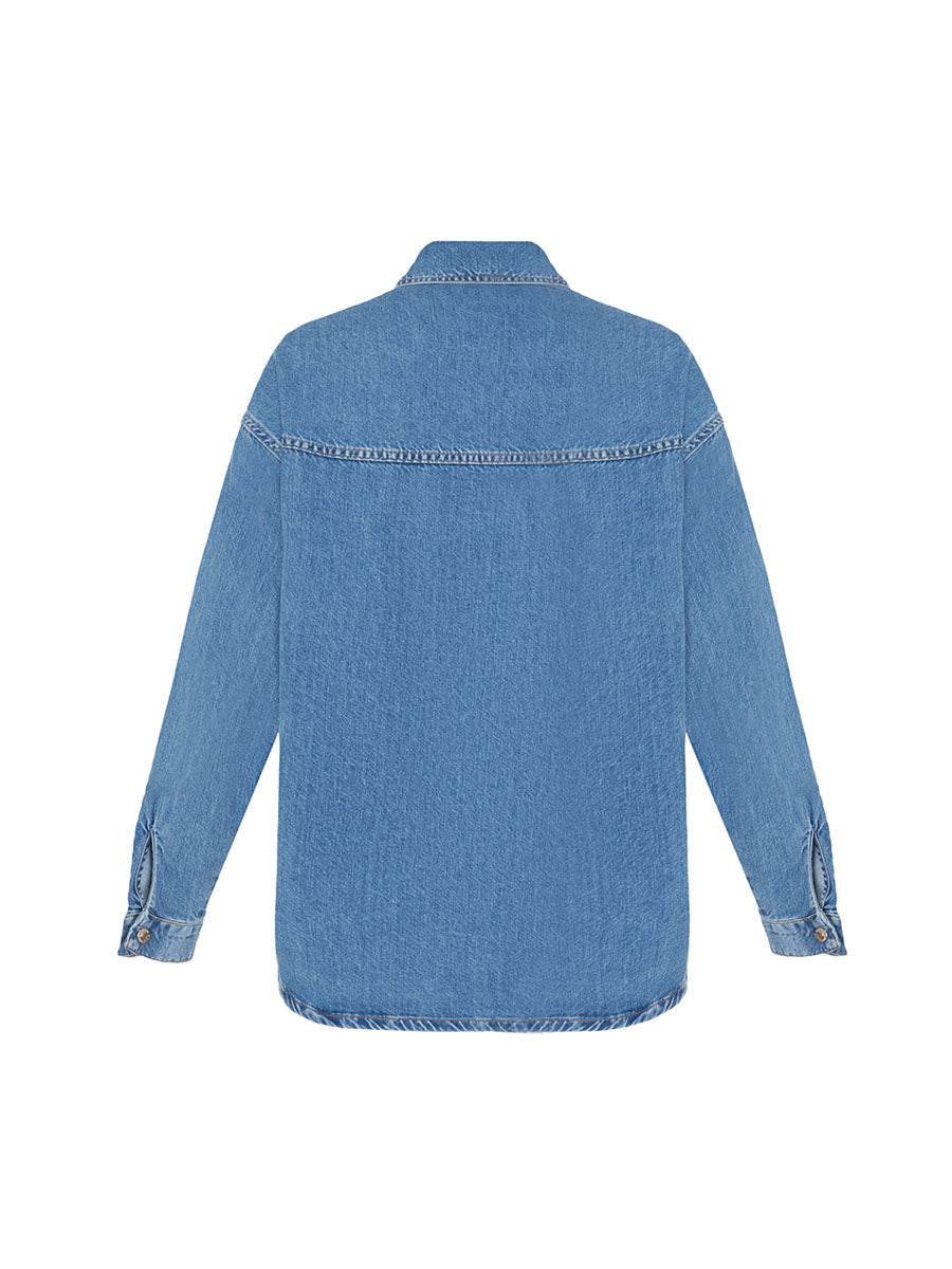 Oversized blue denim shirt with a pocket
