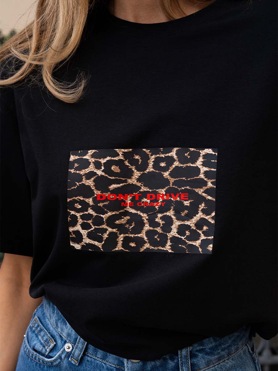 T-shirt of black color with a red inscription don't drive me crazy