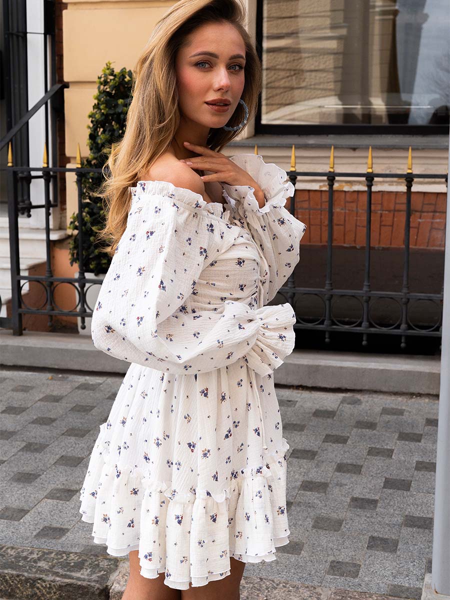 White muslin mini dress with flowery print