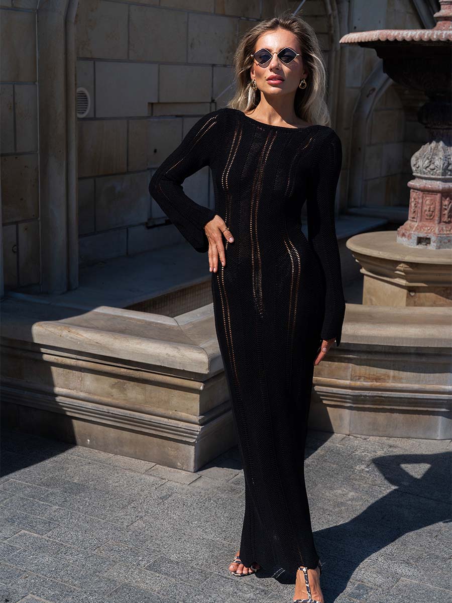 Black knitted maxi dress with a cutout on the back
