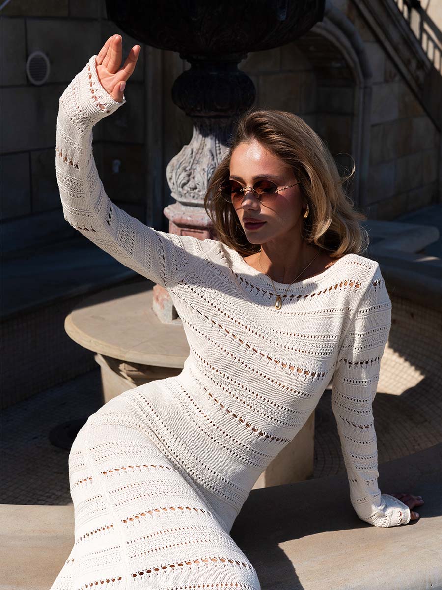 Milk maxi dress with a horizontal pattern