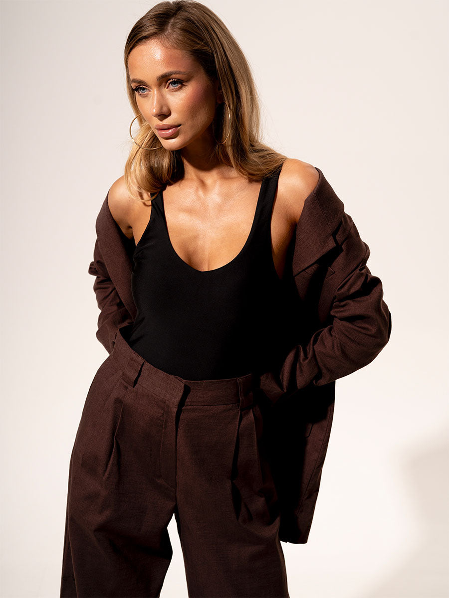 Double-breasted brown linen jacket