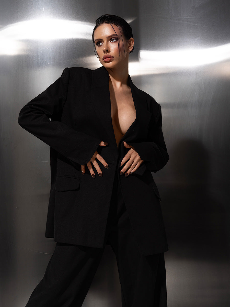 Double-breasted black linen jacket