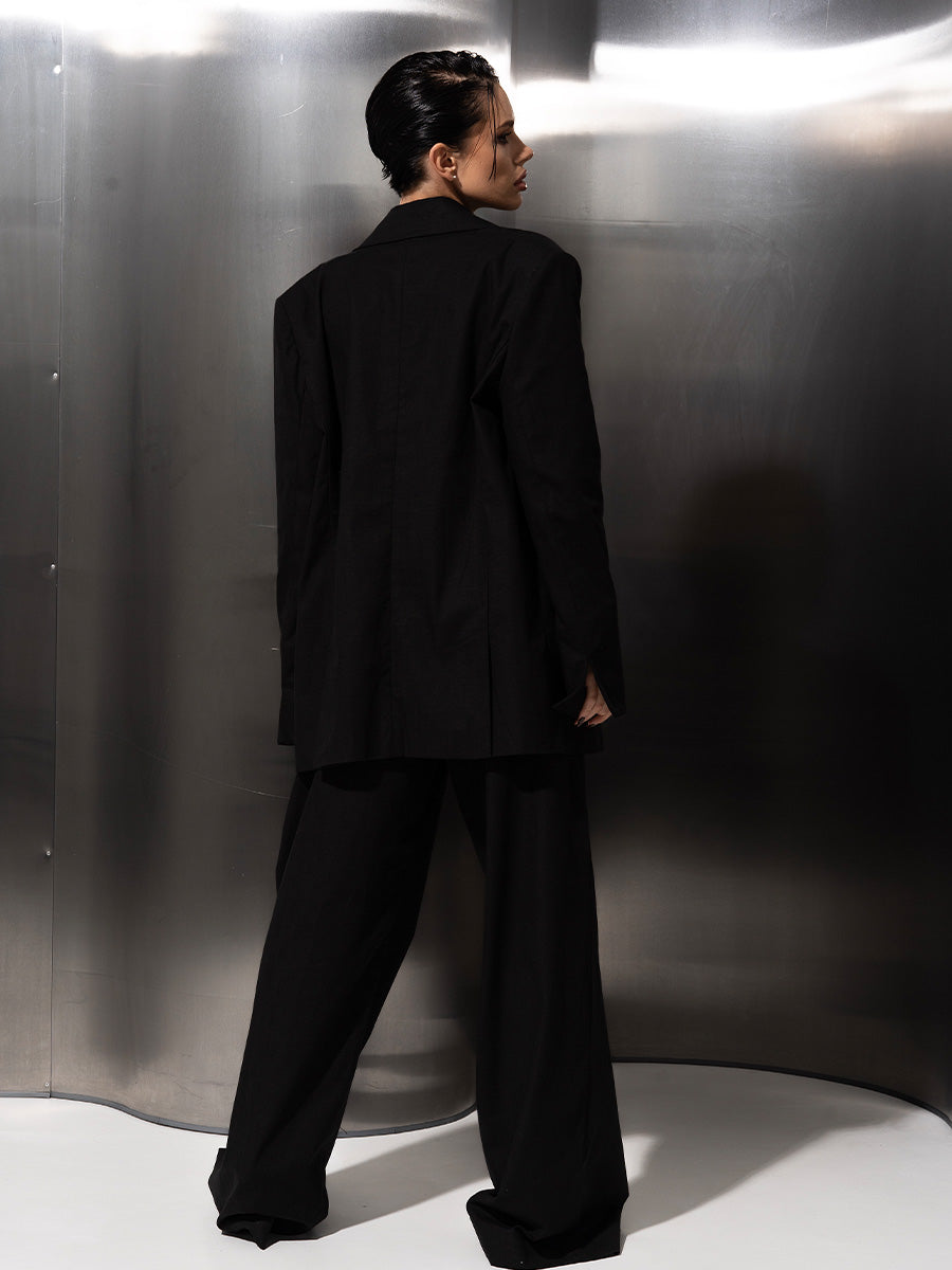 Double-breasted black linen jacket