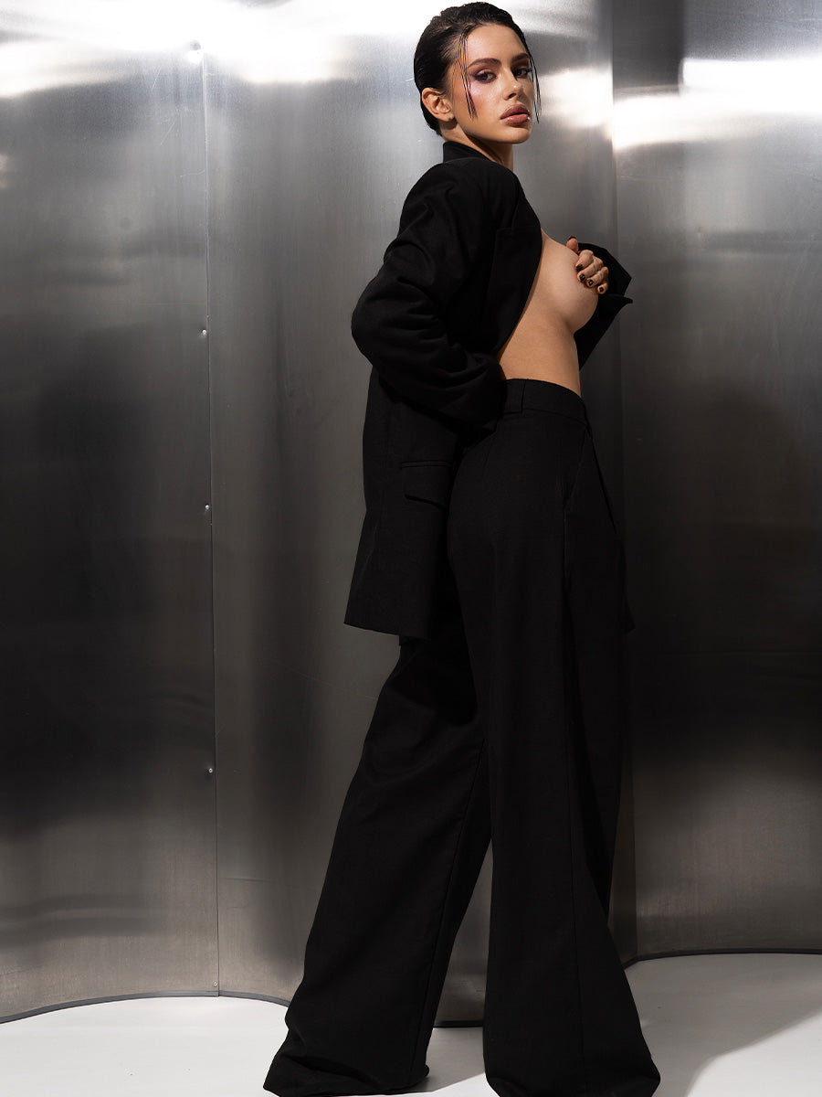 Double-breasted black linen jacket