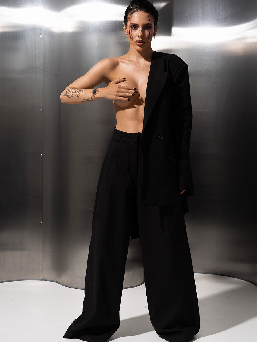 Double-breasted black linen jacket