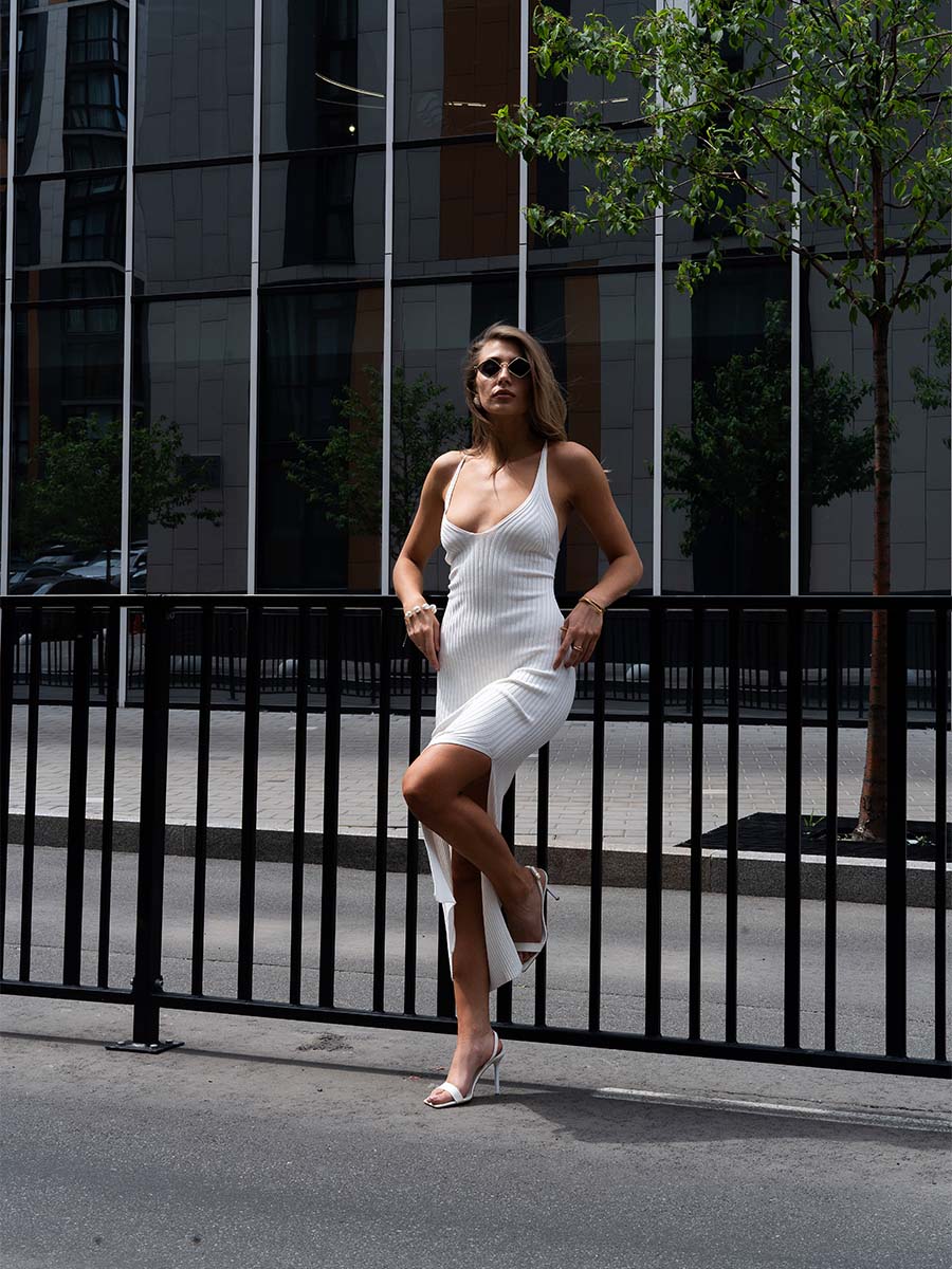 White knitted midi dress with ties on the back