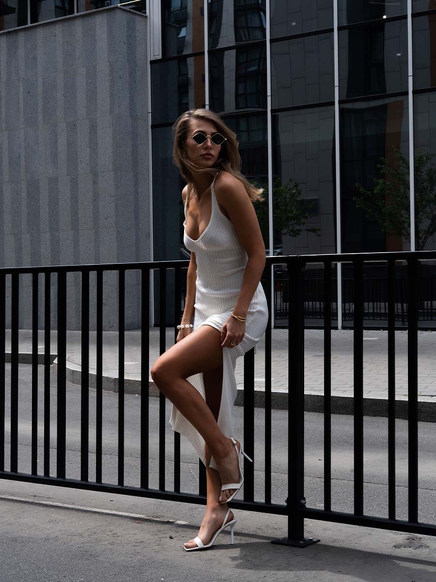 White knitted midi dress with ties on the back