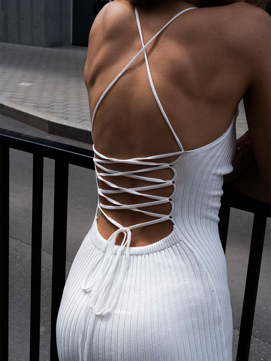 White knitted midi dress with ties on the back