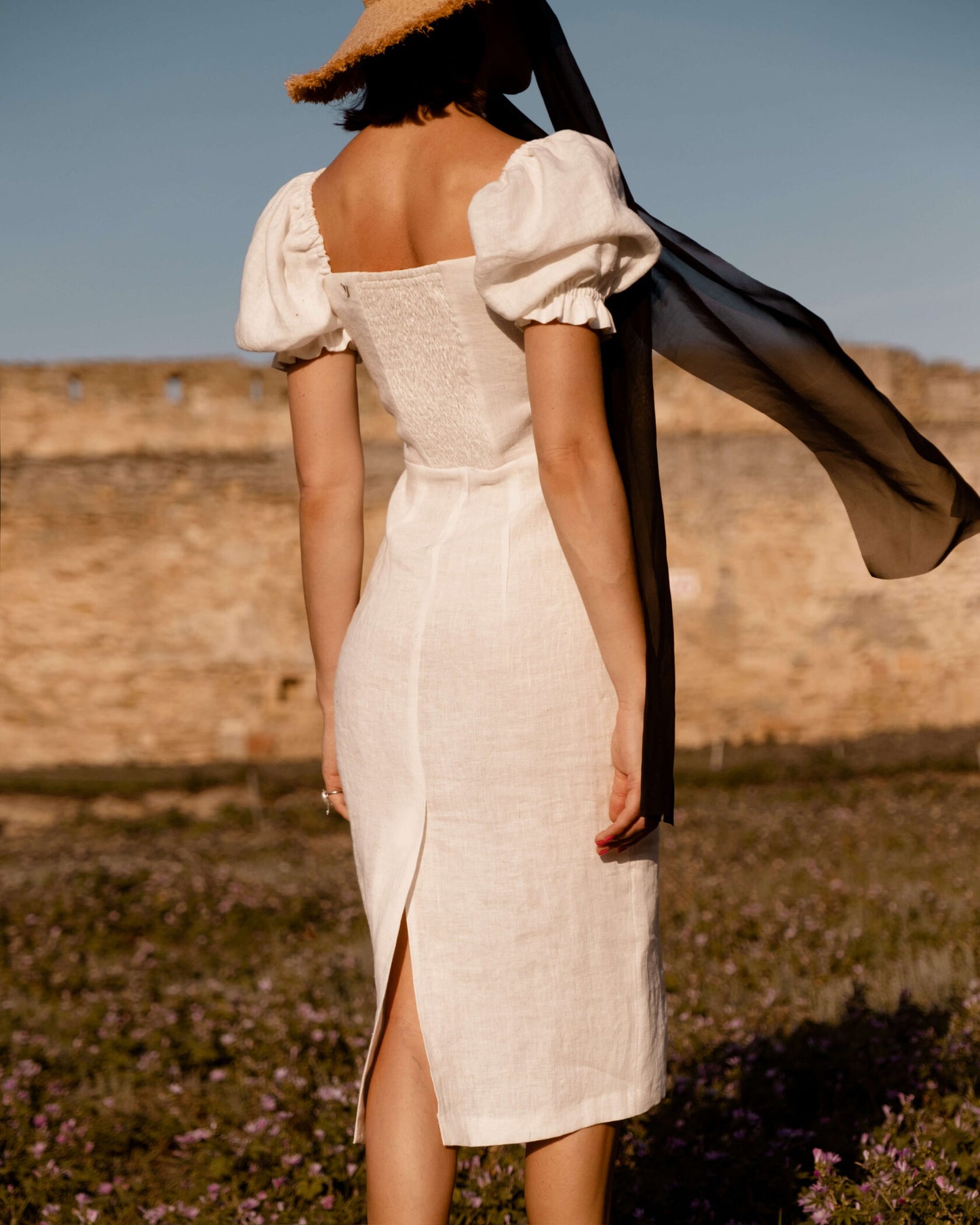 Linen sheath dress with puff sleeves