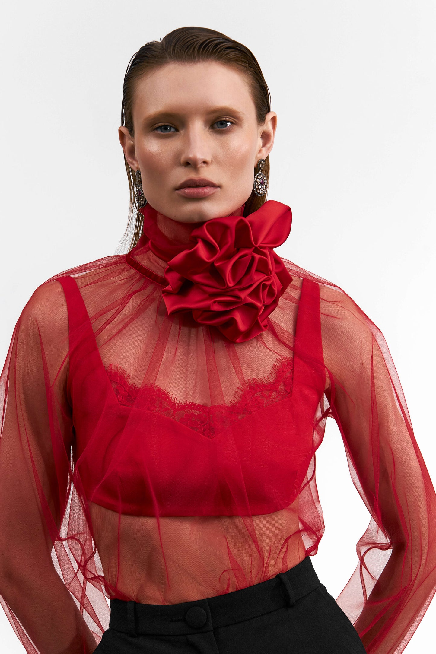 Red mesh blouse