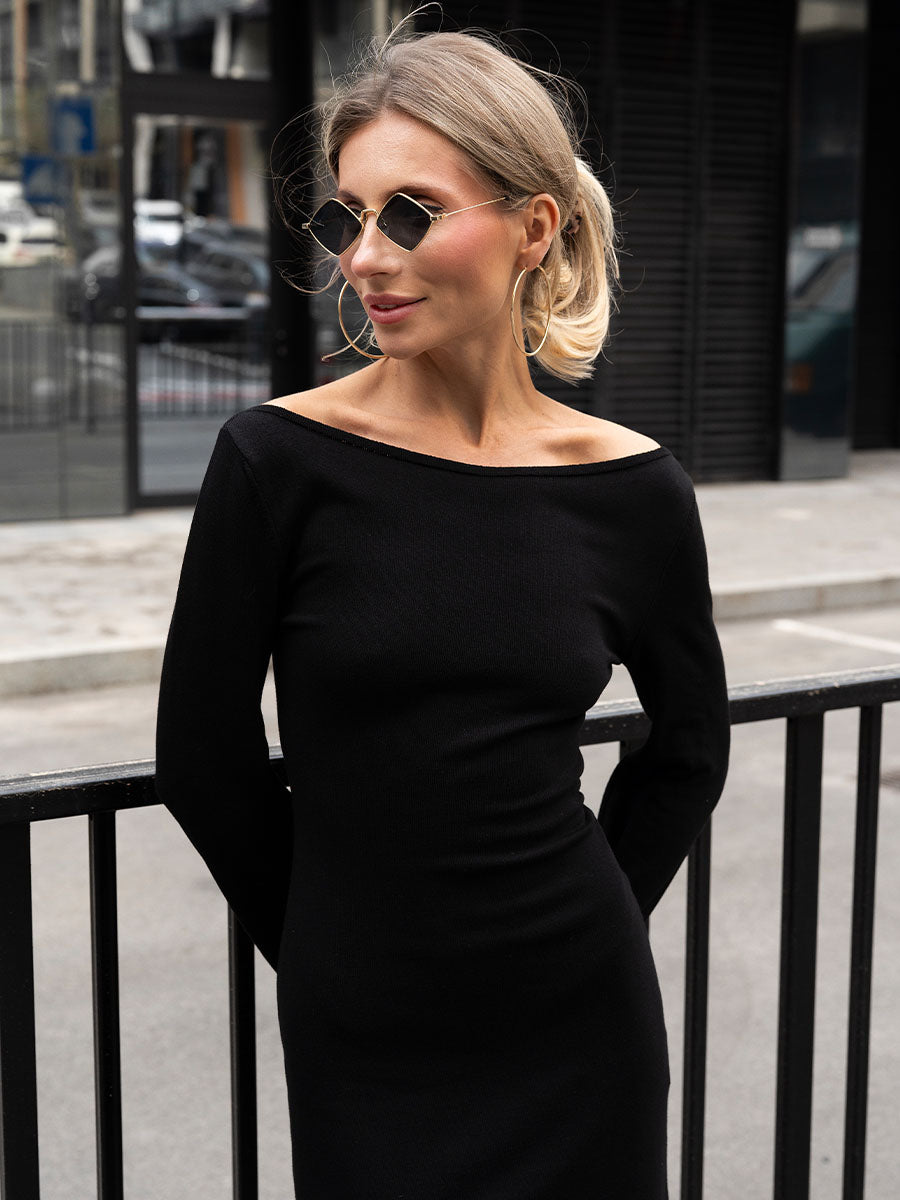 Black knitted mini dress with flared sleeves