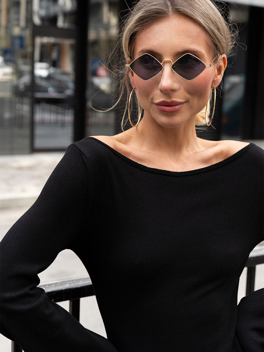 Black knitted mini dress with flared sleeves
