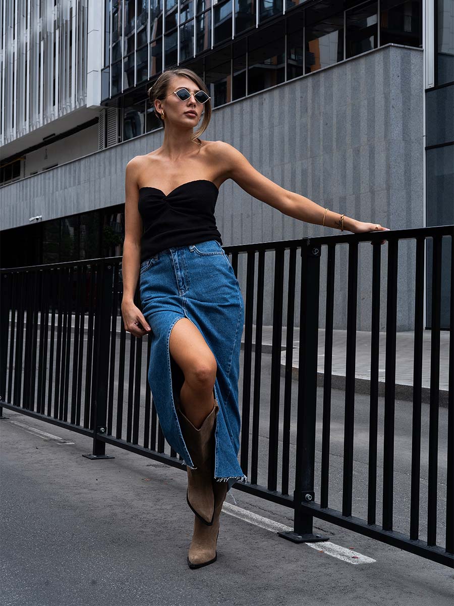 Blue denim midi skirt with a slit