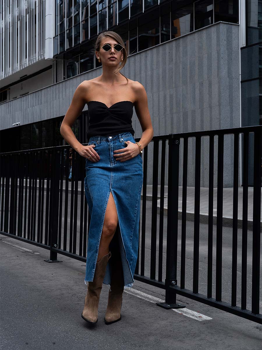 Blue denim midi skirt with a slit
