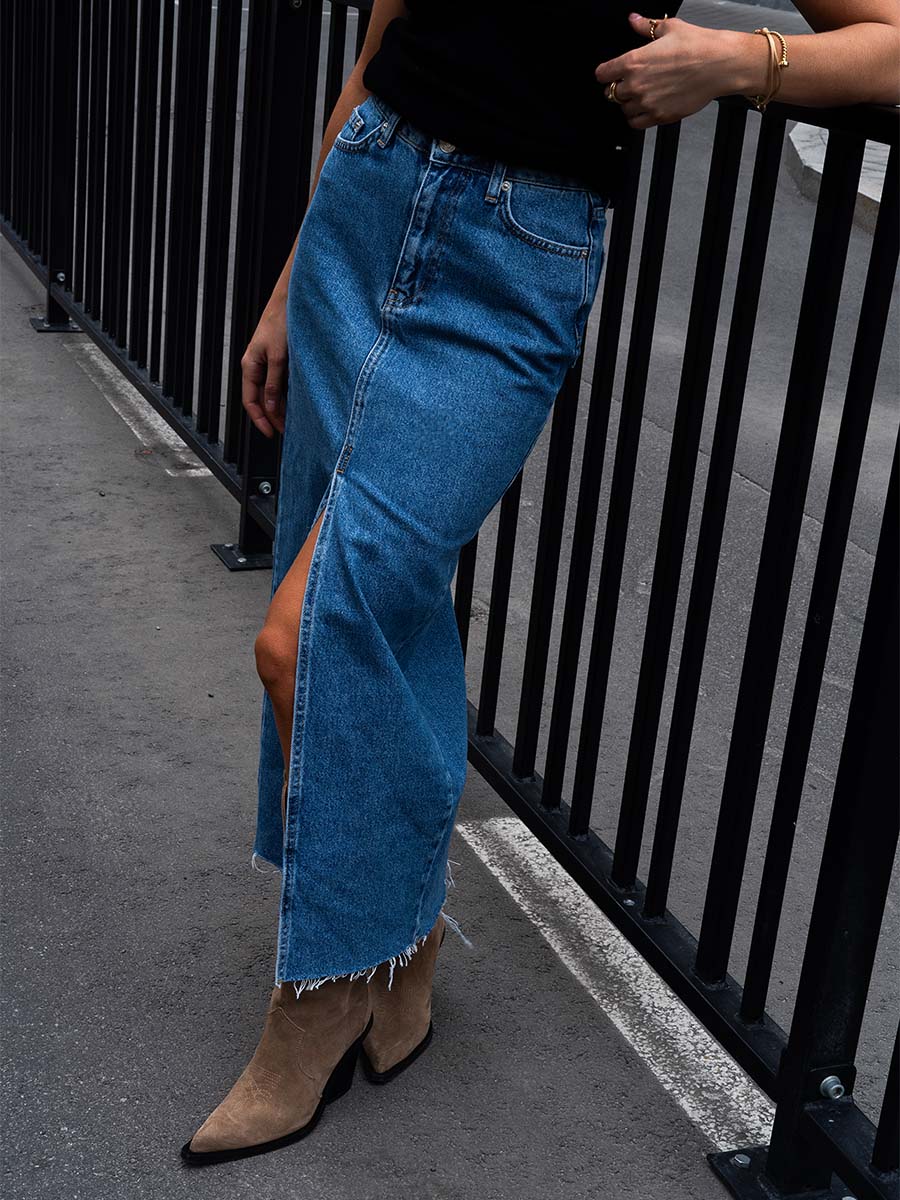 Blue denim midi skirt with a slit