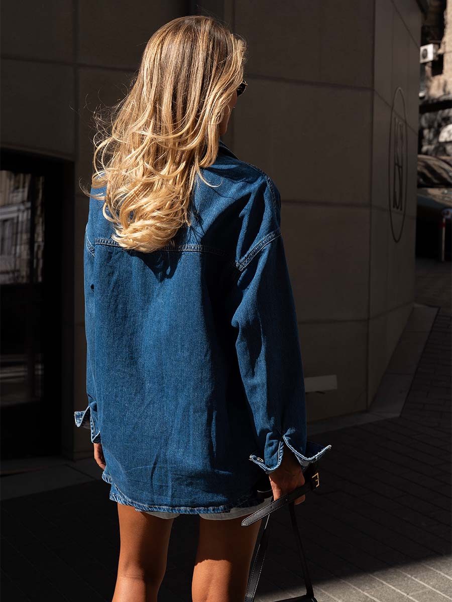 Oversized blue denim shirt with a pocket