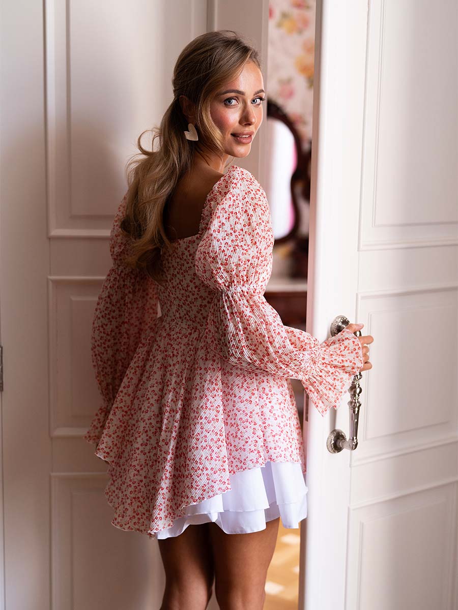 Milk-colored mini corset dress with a red flower
