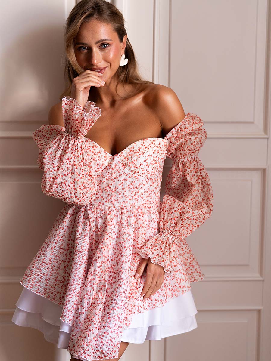 Milk-colored mini corset dress with a red flower