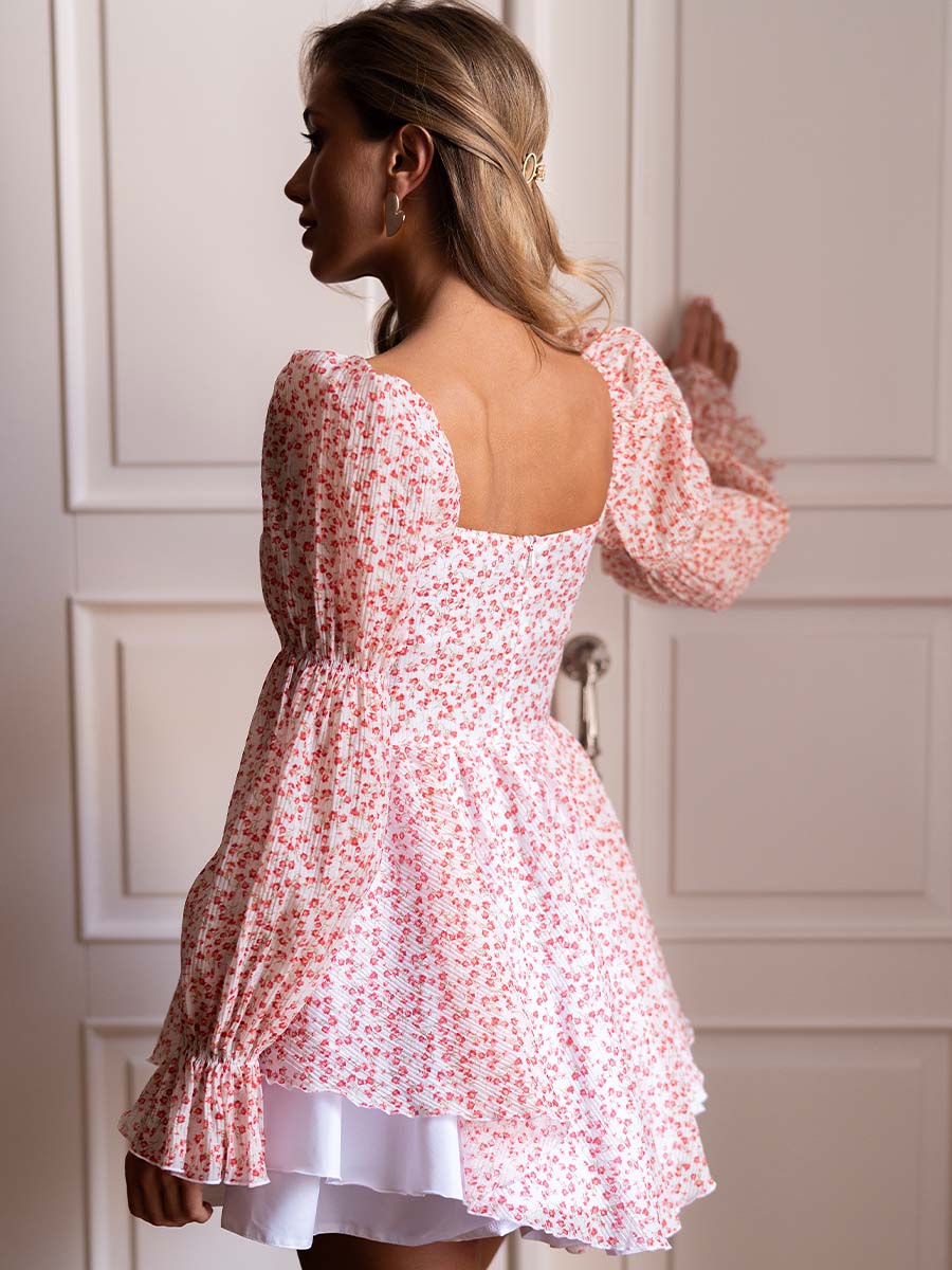 Milk-colored mini corset dress with a red flower