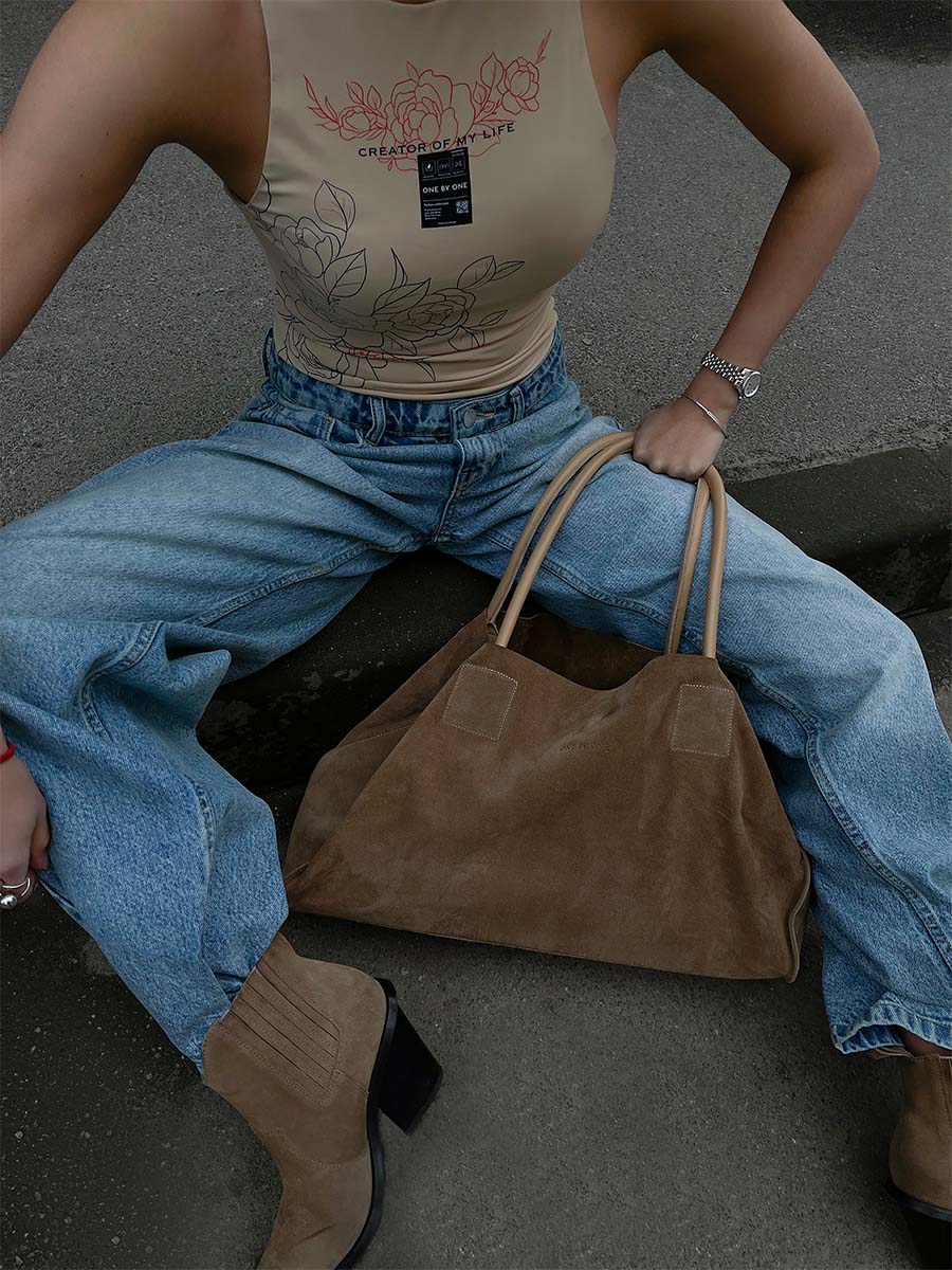 Brown suede shopping bag with leather handles