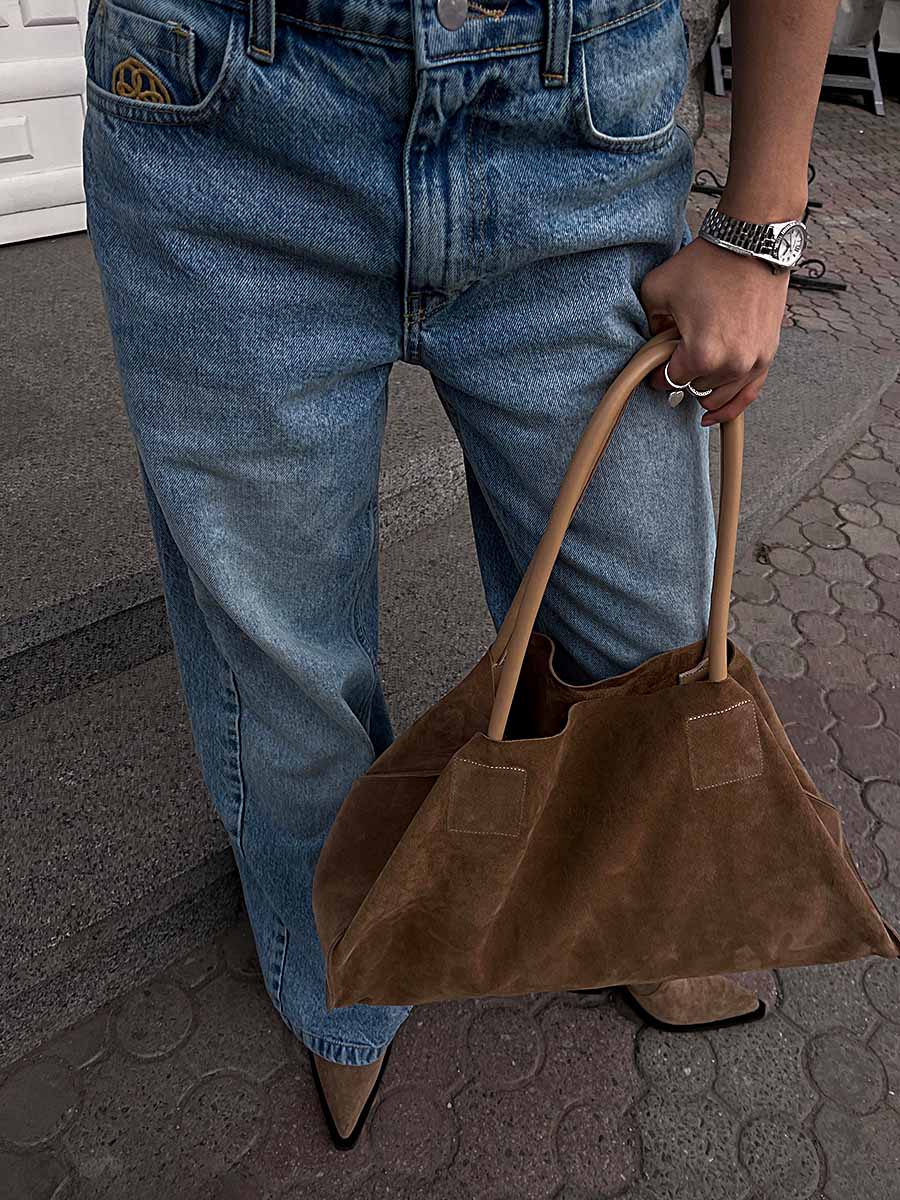 Brown suede shopping bag with leather handles