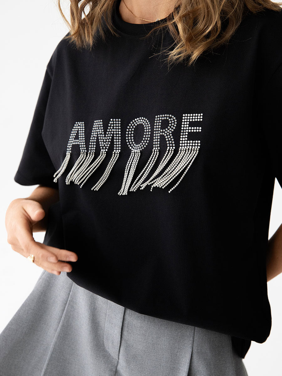 Black t-shirt with rhinestones Amore