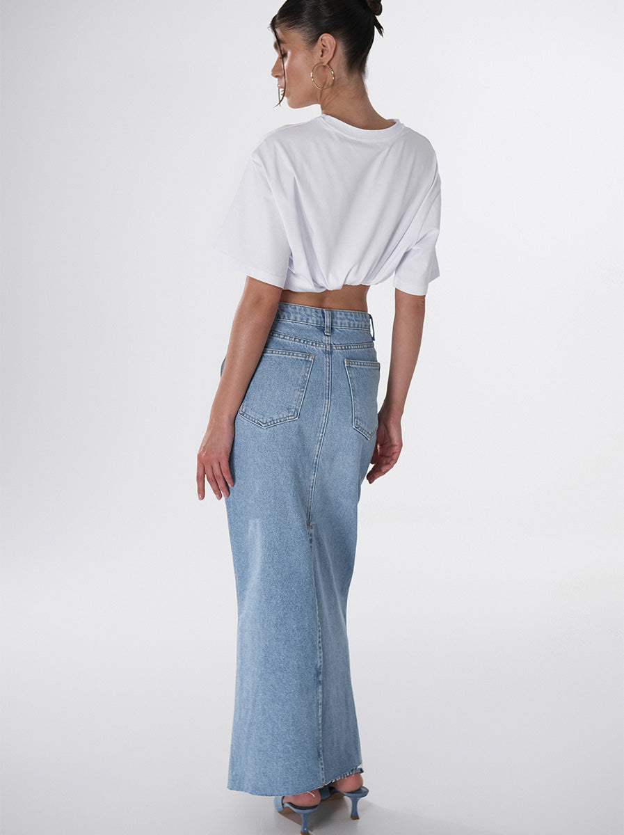 Midi denim skirt with a slit at the back