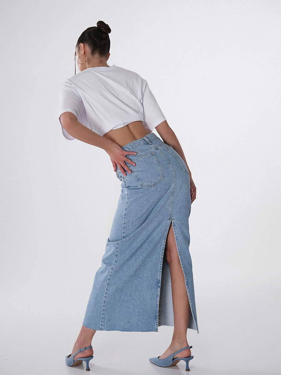 Midi denim skirt with a slit at the back