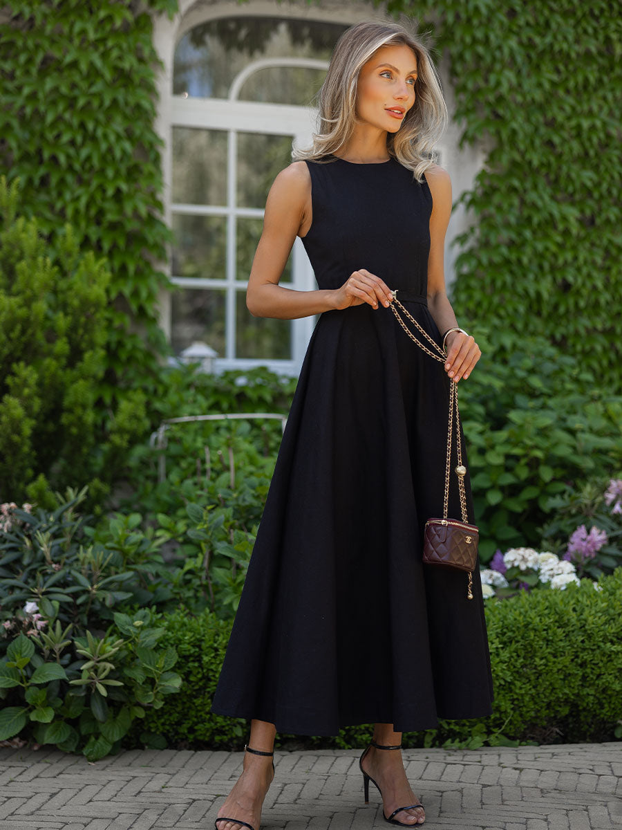 Black midi dress with a belt