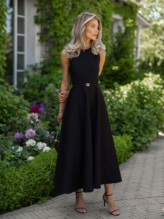 Black midi dress with a belt