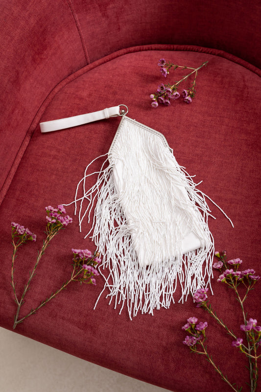 White glass beaded bag