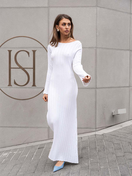 White knitted midi dress with a cutout on the back