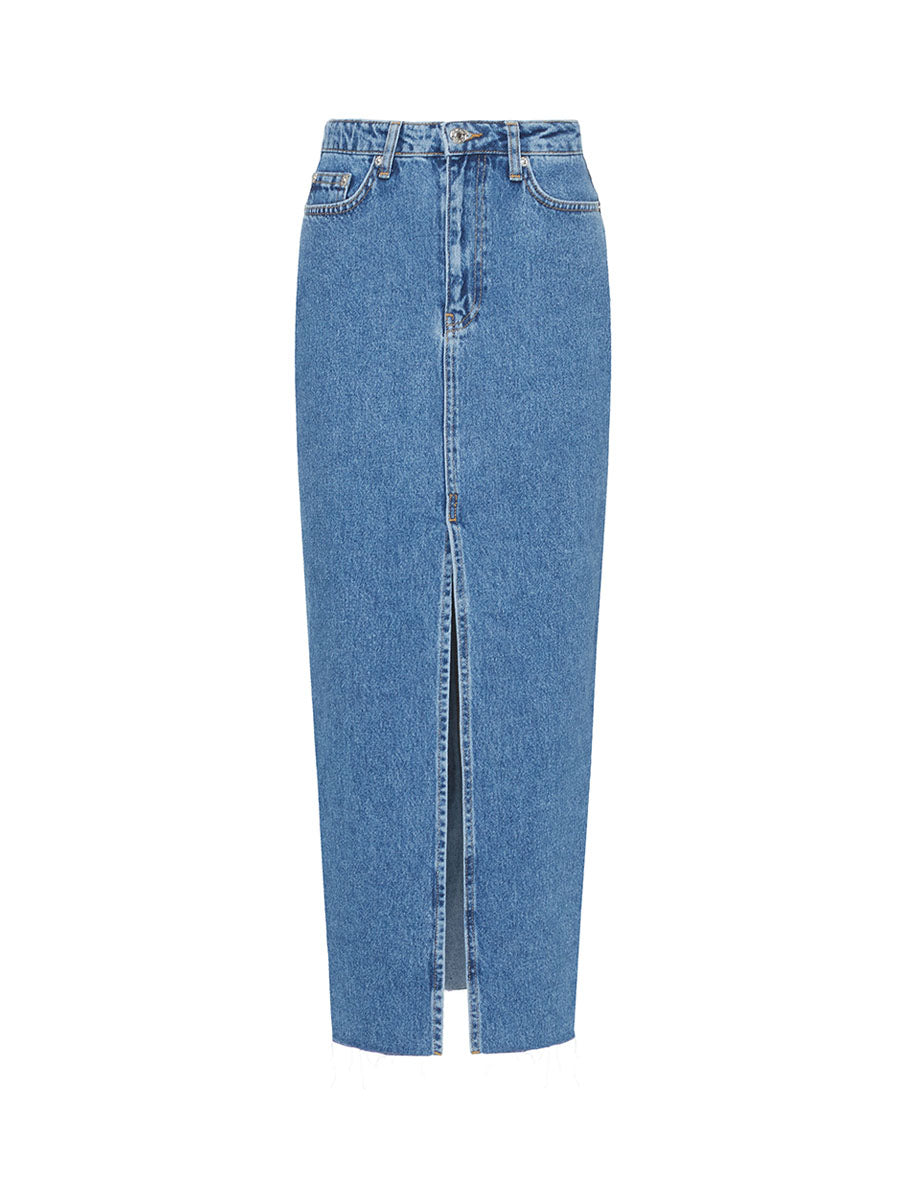 Blue denim midi skirt with a slit