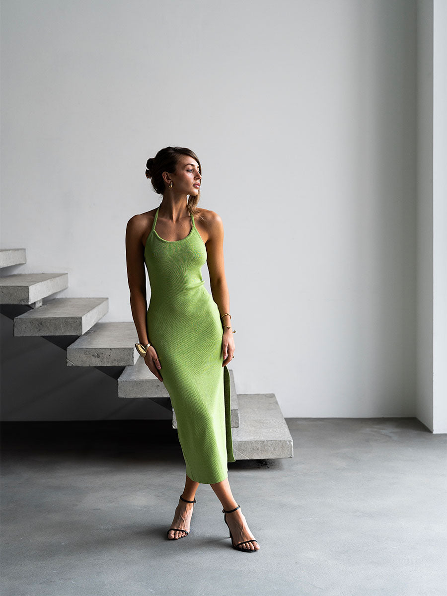 Light green midi knitted dress with ties on the neck