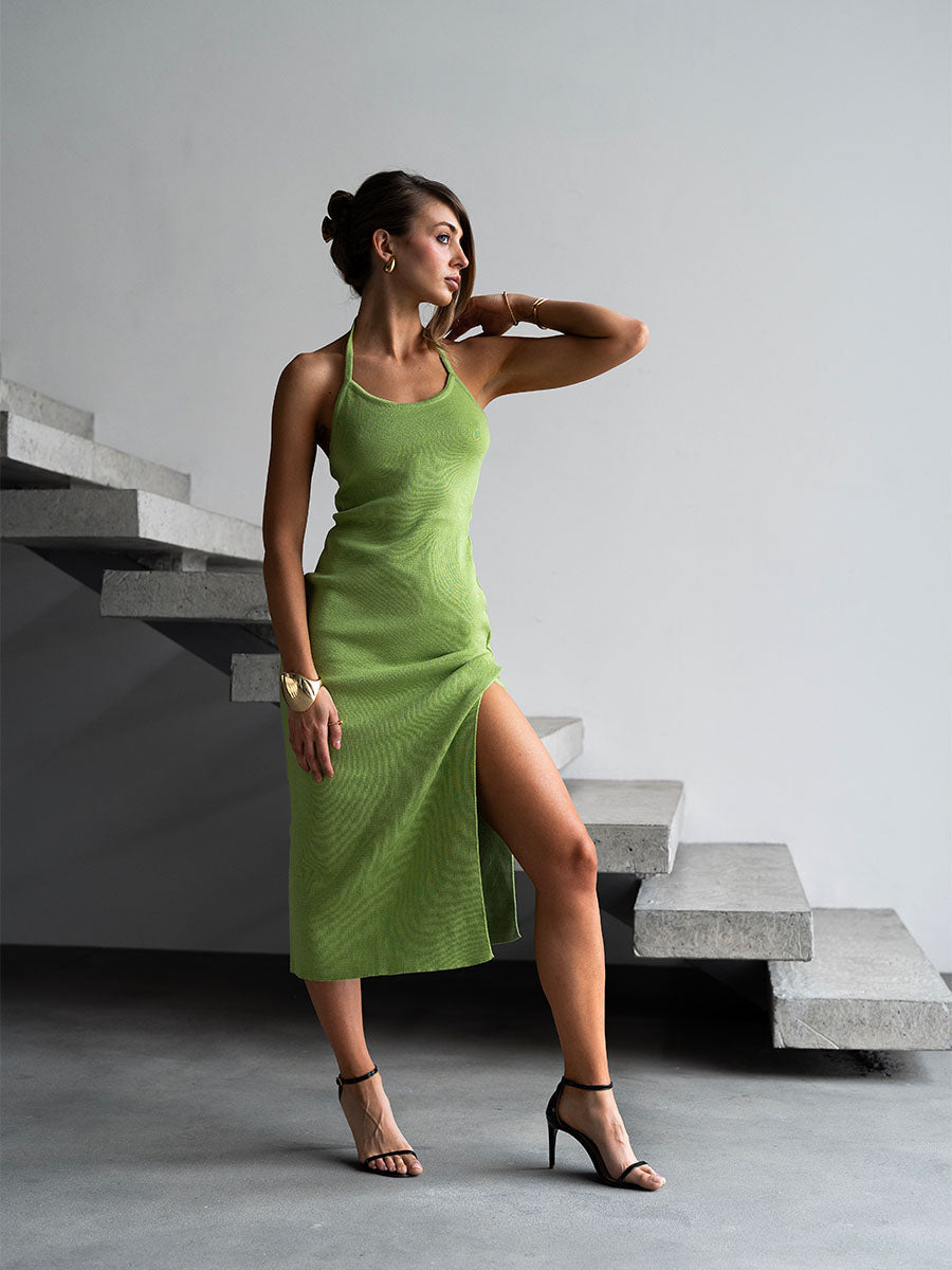 Light green midi knitted dress with ties on the neck