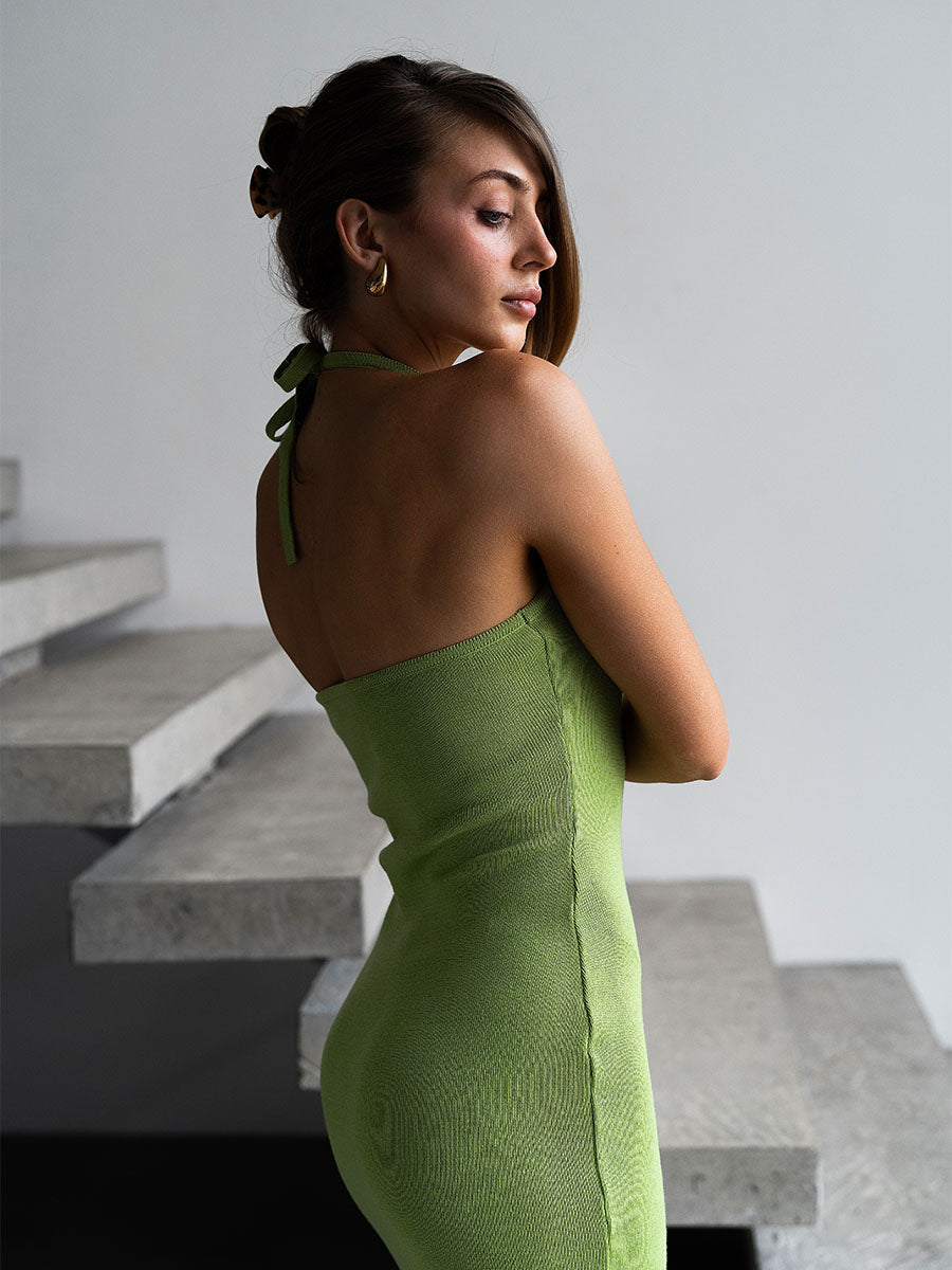 Light green midi knitted dress with ties on the neck