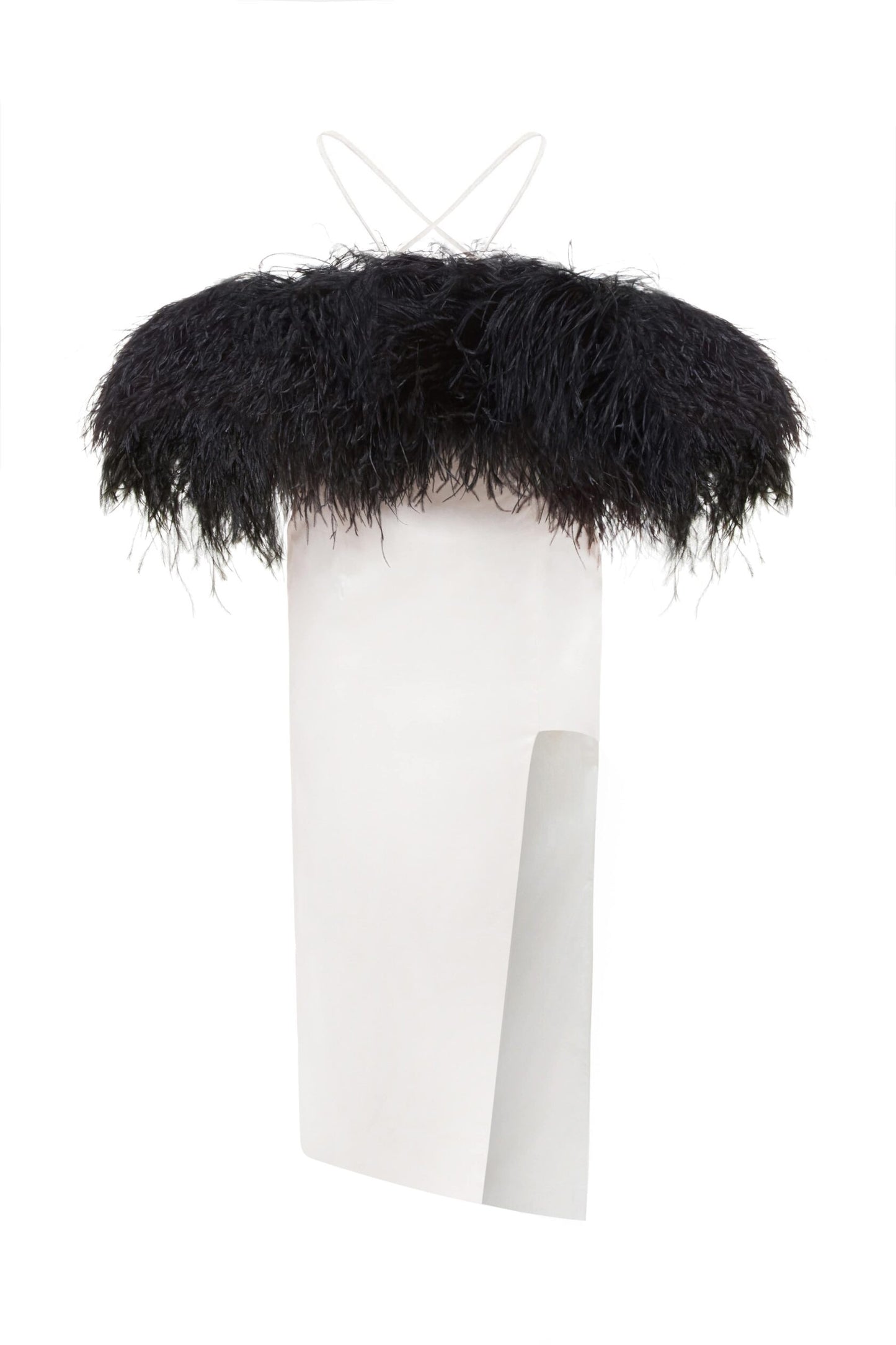 Front-slit midi dress with feathers
