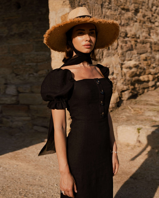 Linen sheath dress with puff sleeves