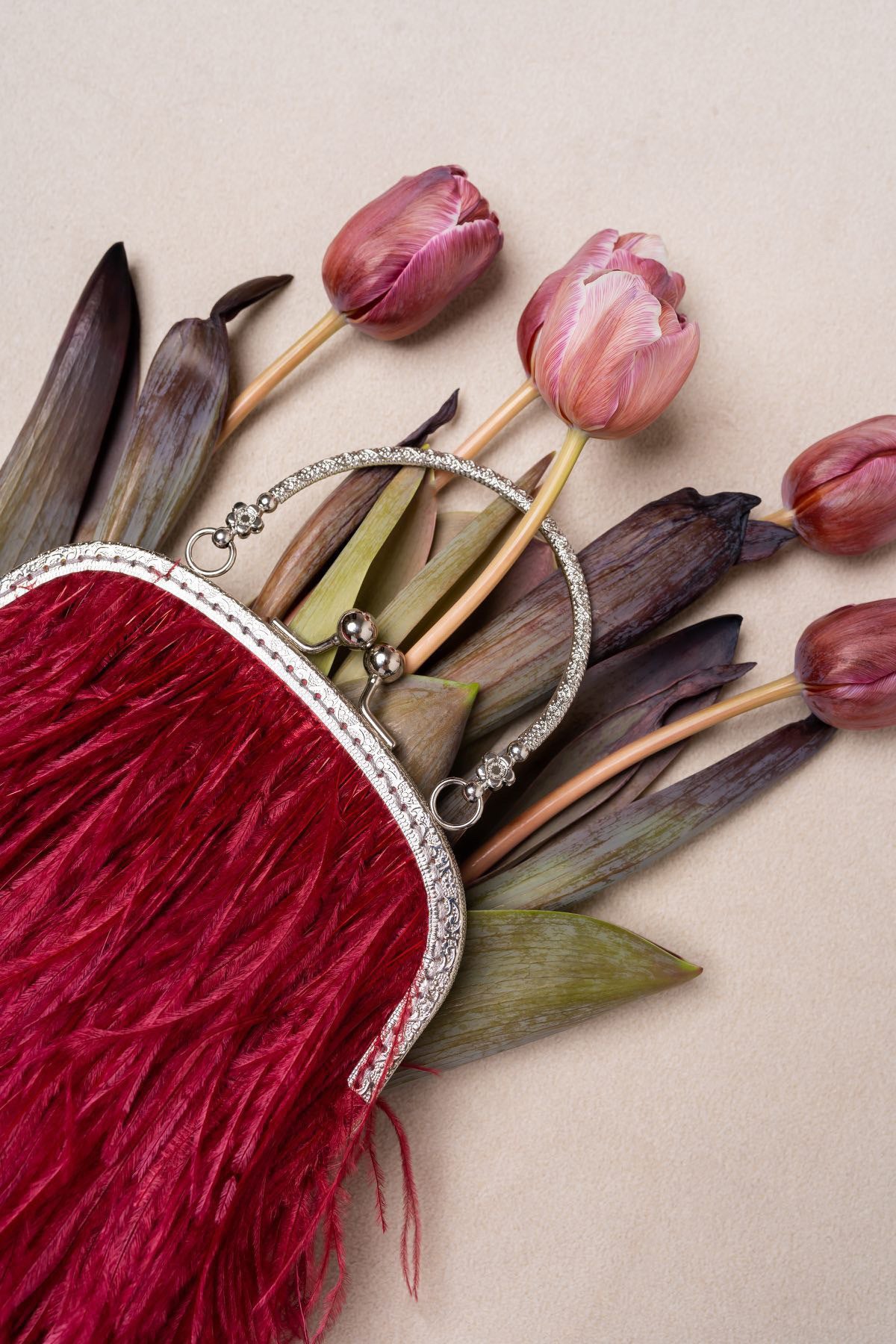 Burgundy bag with a handle flowers decorated