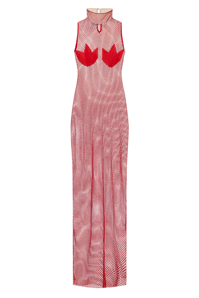 Red mesh crystal maxi dress