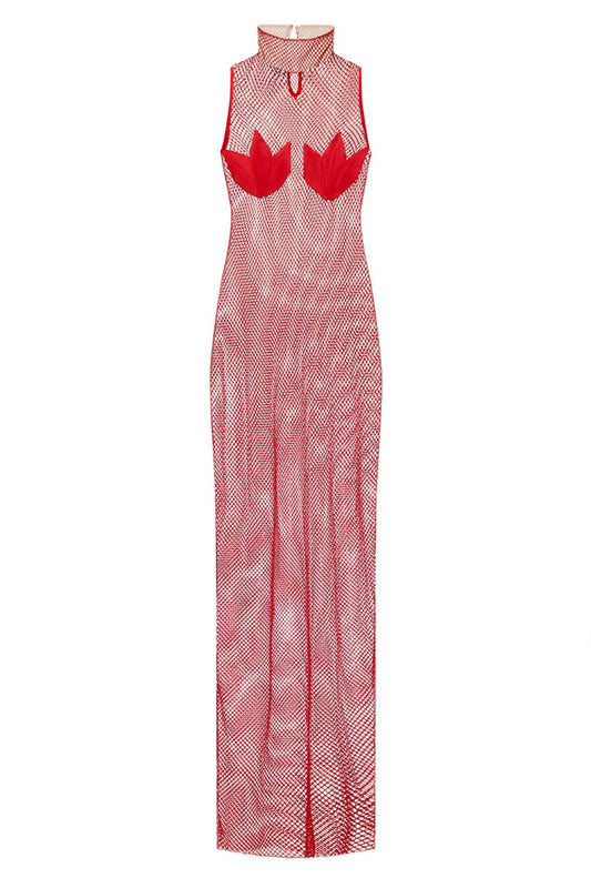 Red mesh crystal maxi dress