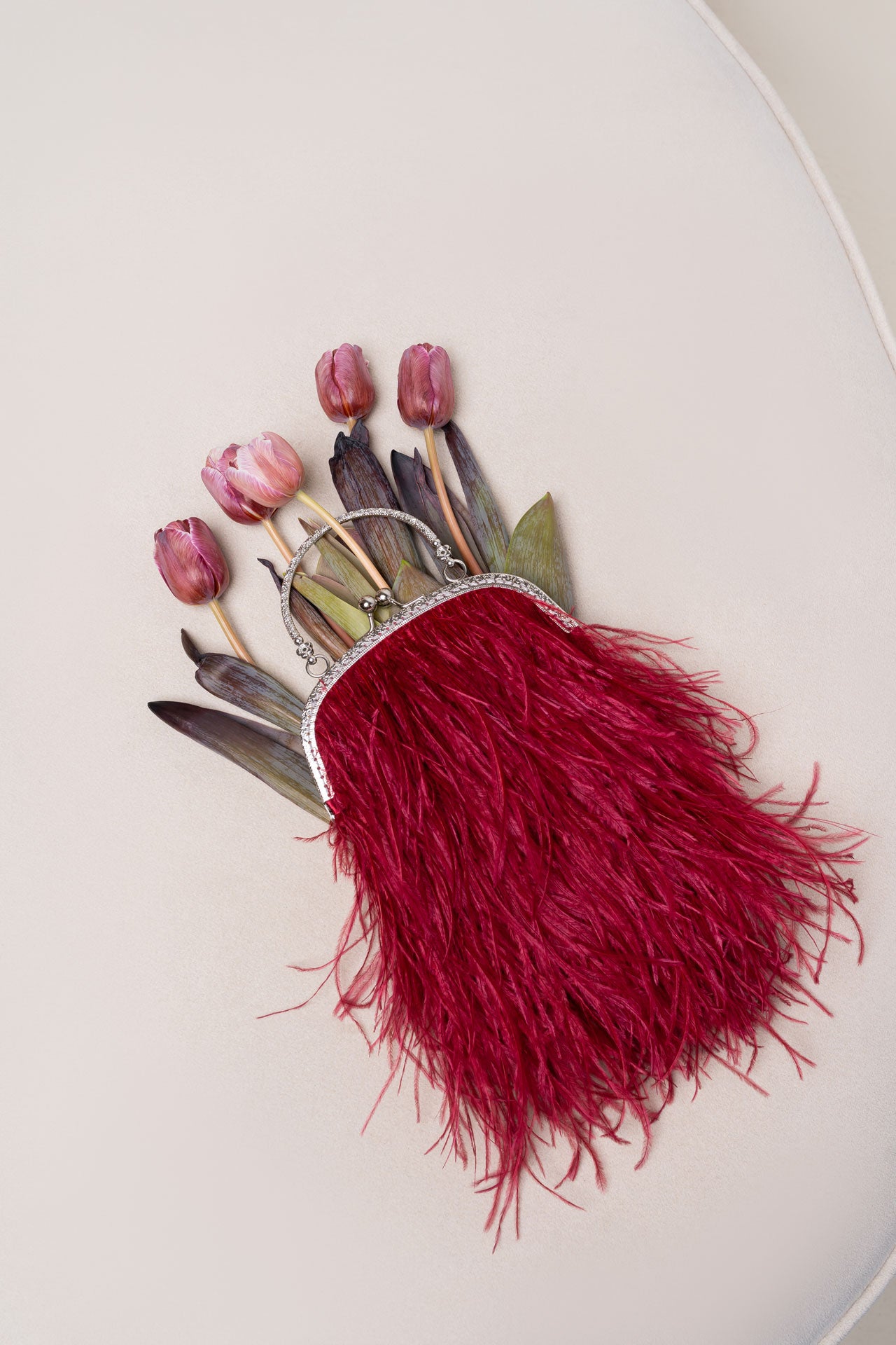 Burgundy bag with a handle flowers decorated