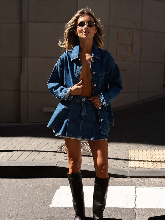Oversized blue denim shirt with a pocket